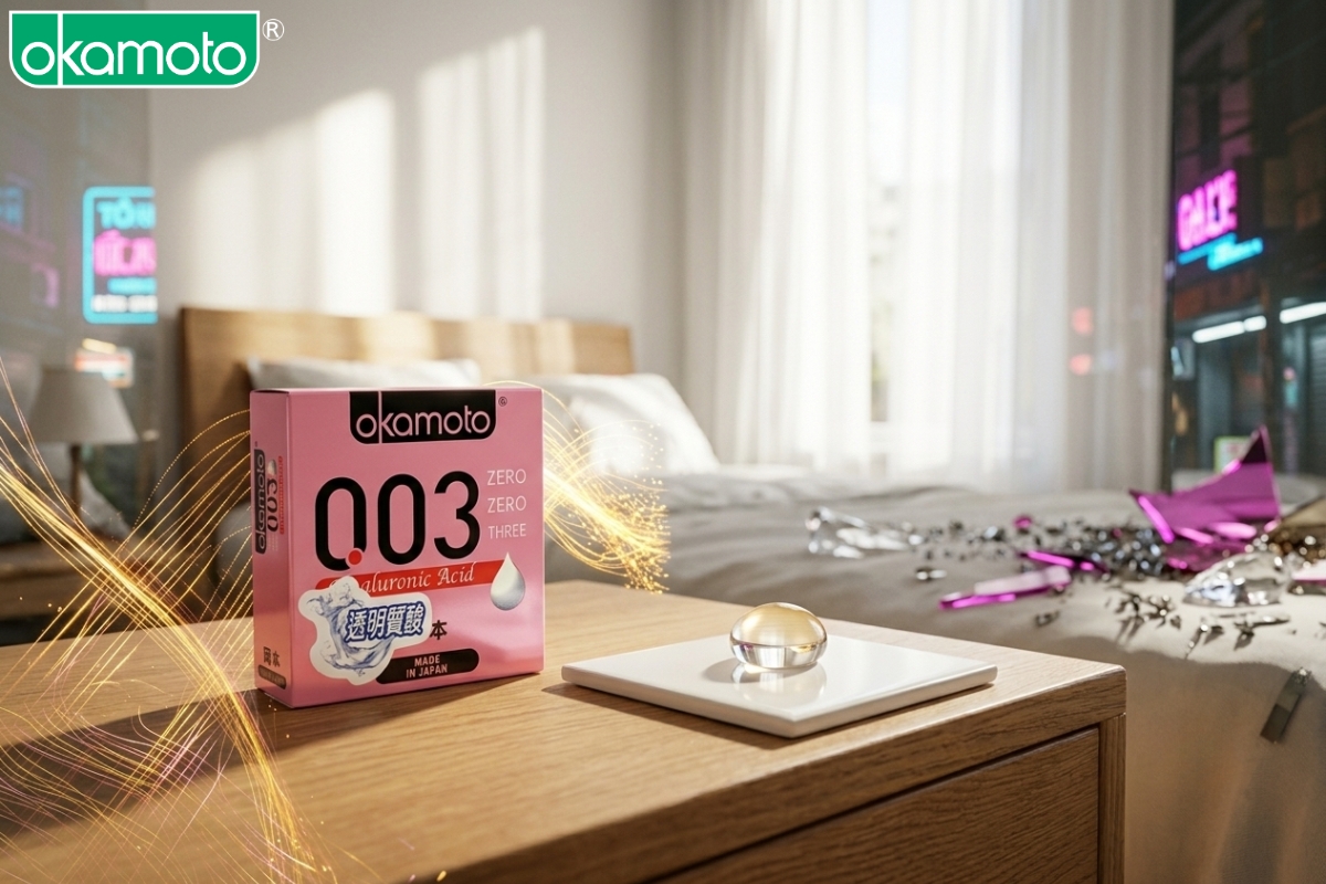 Bao cao su cấp ẩm bôi trơn Okamoto 0.03 Hyaluronic Acid Nhật Bản.