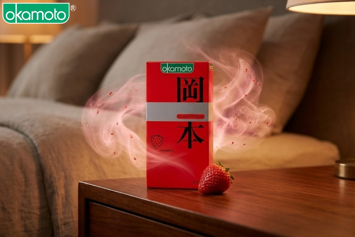 Bao cao su hương dâu tây Okamoto Strawberry lãng mạn.