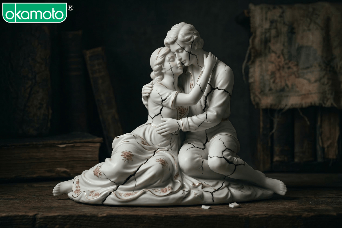 Bức tượng sứ rạn nứt tượng trưng cho sự sụp đổ của mối quan hệ vì những lời nói dối.