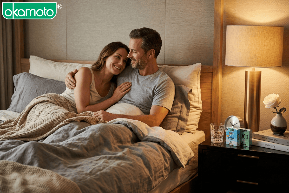 bao cao su Okamoto Dot De Cool và 0.03 Aloe trong không gian phòng ngủ