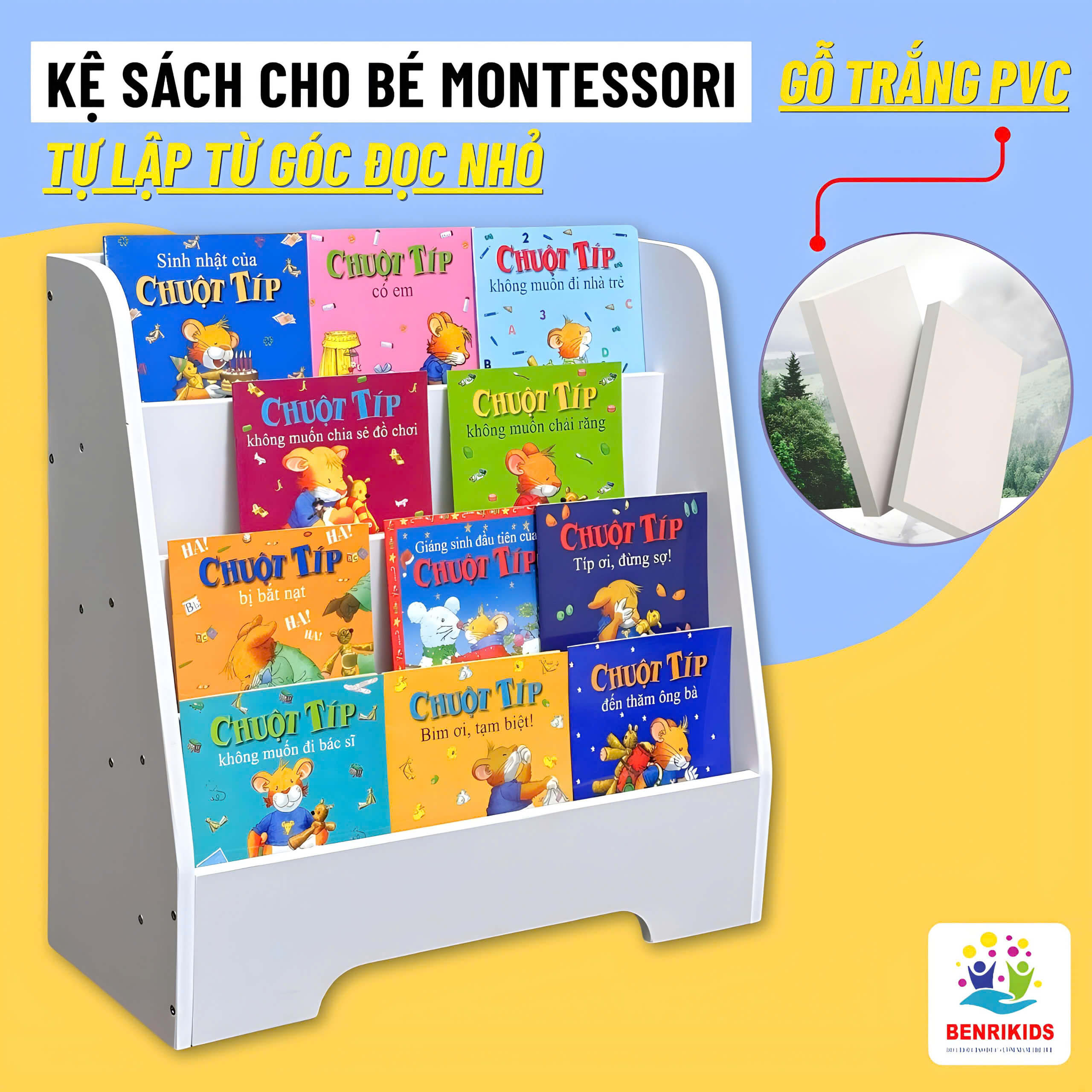 Kệ Tủ Sách Bằng Gỗ Cho Bé 4 Ngăn Màu Trắng Gỗ Nhựa Kệ Mầm Non Trang Trí Lớp Học Benrikids