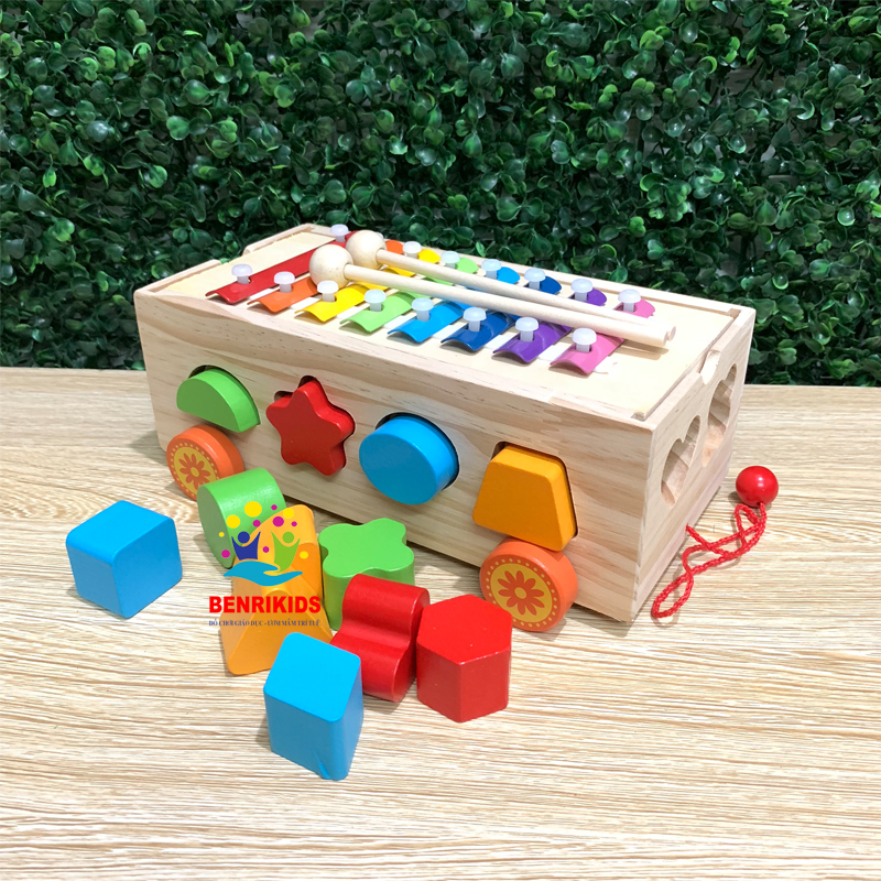 Đồ Chơi Xe Kéo Thả Hình Khối Kết Hợp Đàn Xylophone 8 Thanh Bằng Gỗ An Toàn Cho Bé