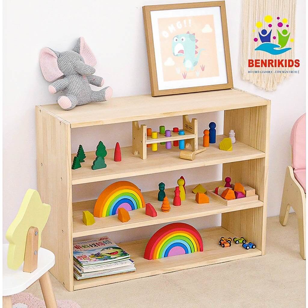 Kệ Sách Đa Năng Cho Bé, Kệ Đồ Chơi Montessori 3 Tầng Bằng Gỗ Tự Nhiên Kệ Để sàn