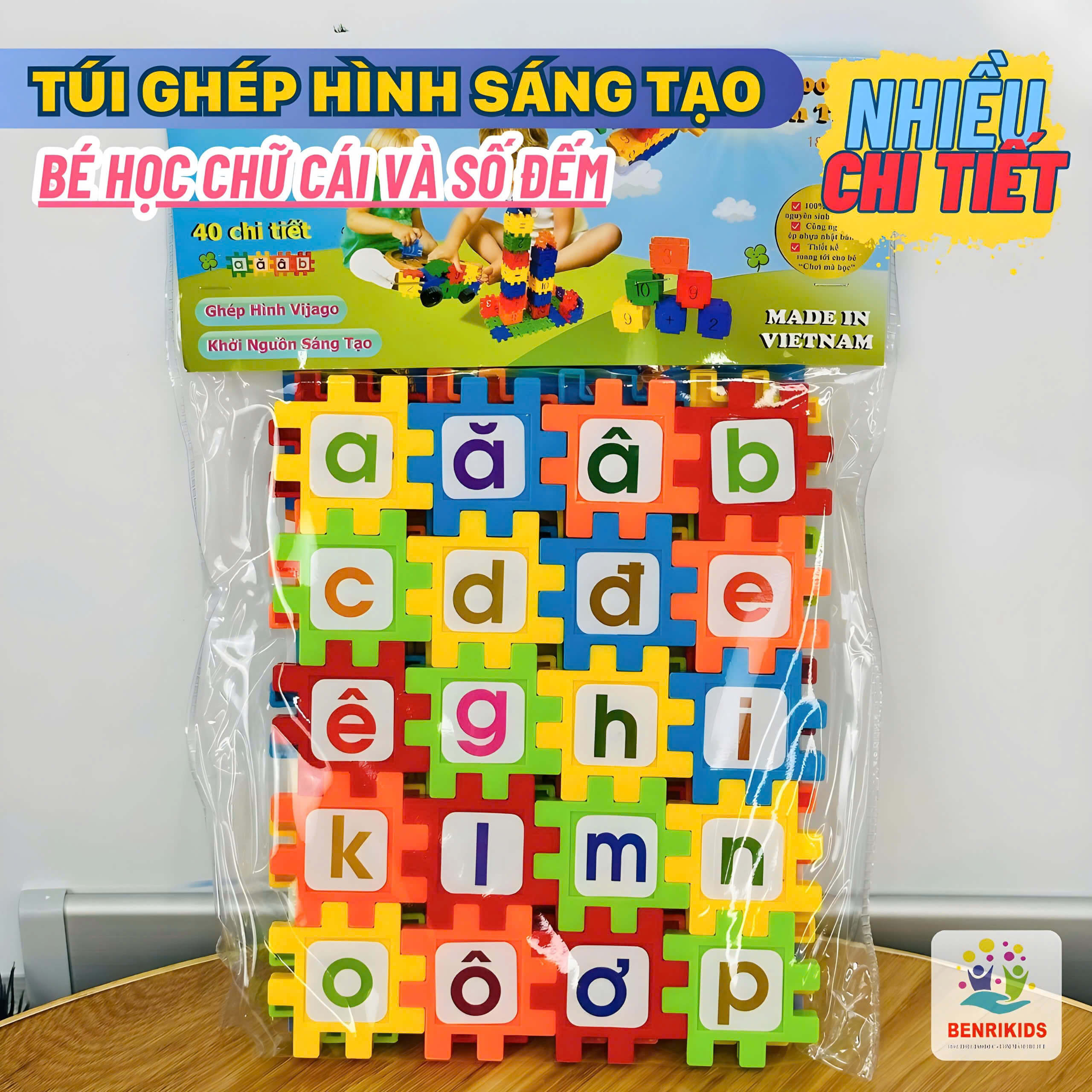 Túi Đồ Chơi Xếp Hình Chữ Cái 39 Chi Tiết Bằng Nhựa ABS Miếng Ghép To Benrikids Cho Bé Sáng Tạo Phát Triển Tư Duy
