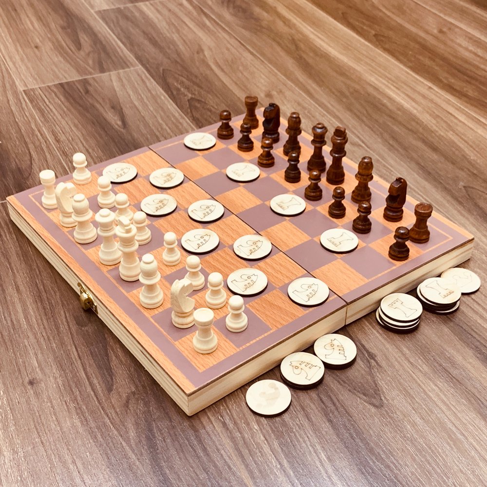 Đồ Chơi Board Game Giải Trí Tại Nhà Siêu Vui Nhộn, Cờ 2 Trong 1 Bằng Gỗ, Game Đối Kháng Hấp Dẫn