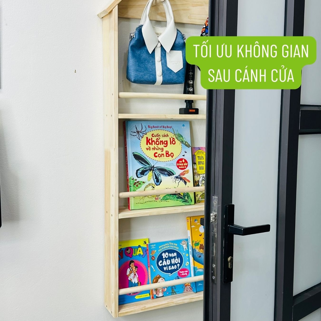Kệ Sách Mái Nhà Có Móc Treo Đồ Cho Bé Treo Tường Không Khoan Tường , Kệ Giá Sách Montessori Sau Cửa Decor Phòng