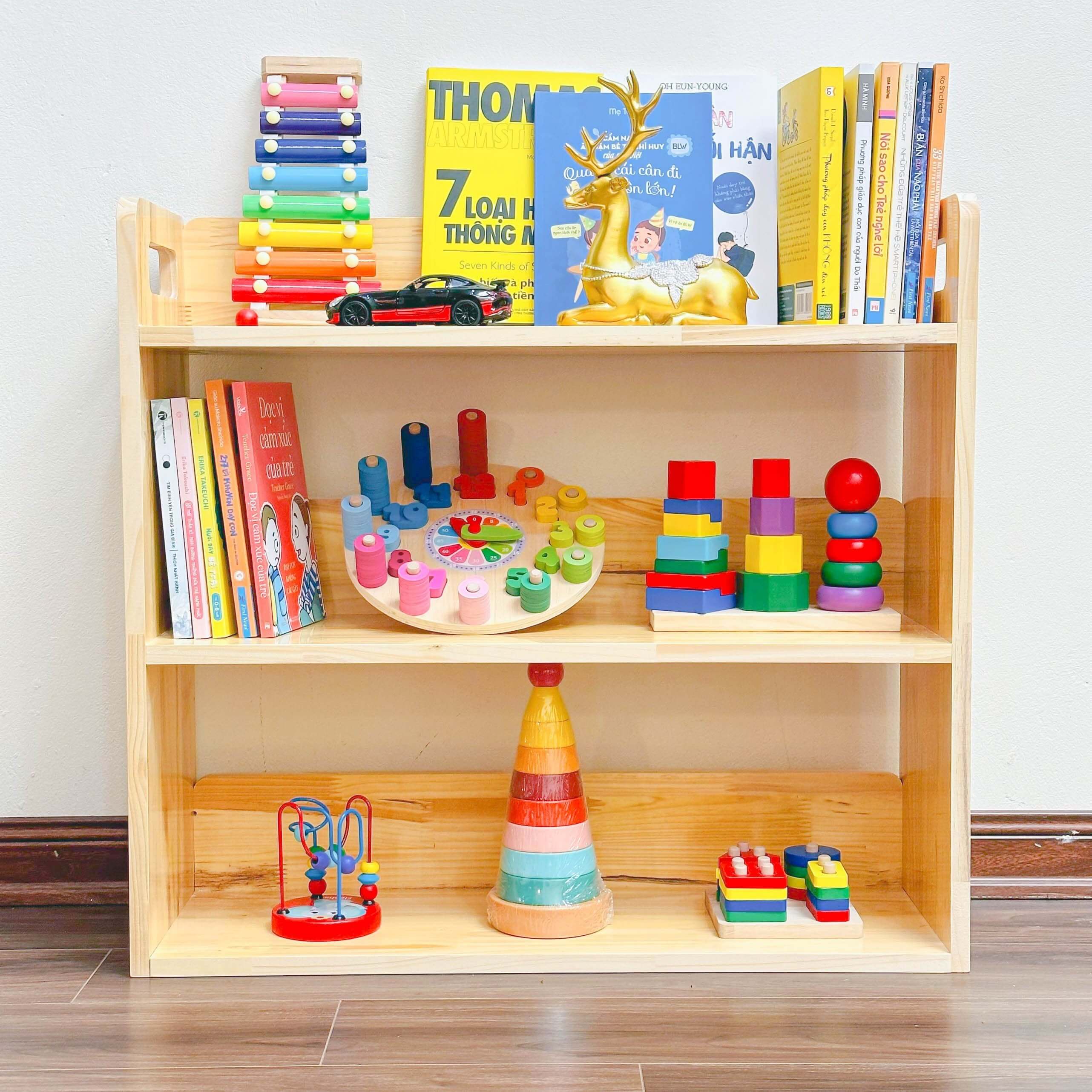 Kệ Đồ Chơi Montessori Có Tay Cầm Bằng Gỗ, Kệ Trang Trí Decor Phòng Cho Bé