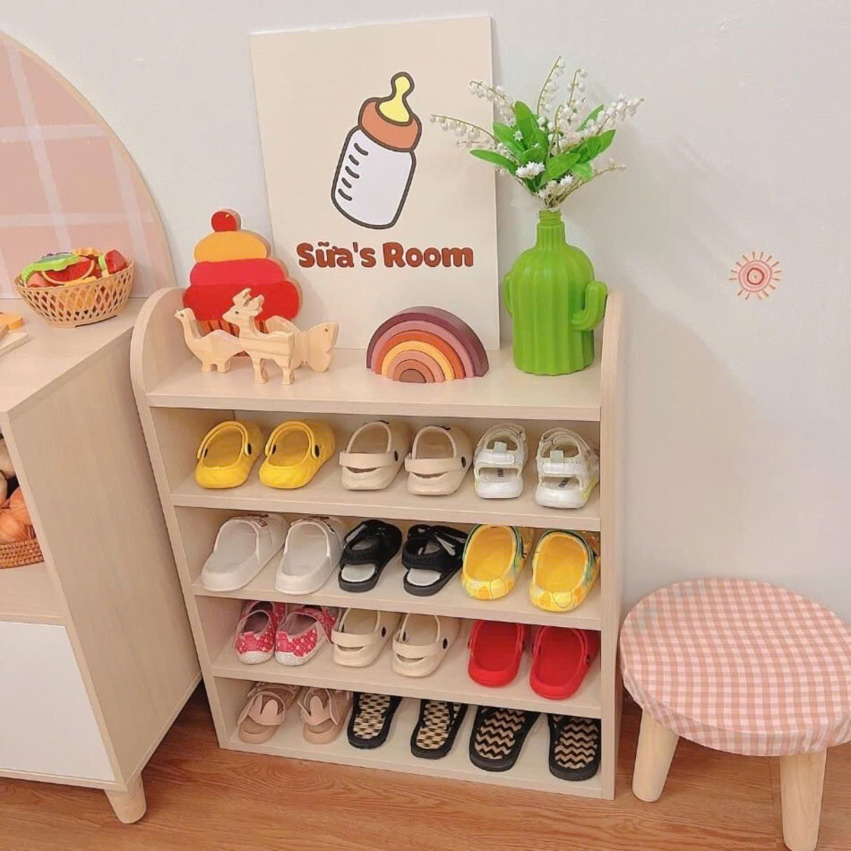 Kệ Để Giày Mầm Non Montessori, Giá Để Dép Đa Năng Cho Bé Gỗ Thông Tự Nhiên 5 Ngăn