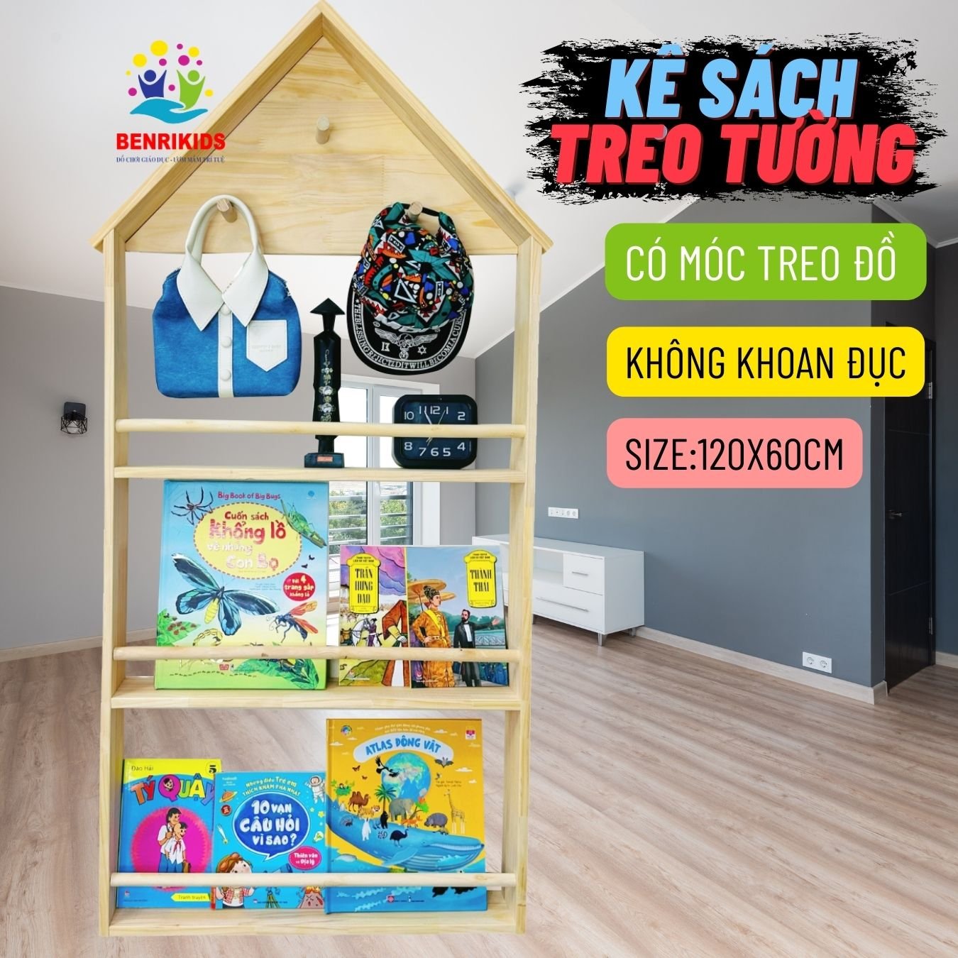 Kệ Sách Mái Nhà Có Móc Treo Đồ Cho Bé Treo Tường Không Khoan Tường , Kệ Giá Sách Montessori Sau Cửa Decor Phòng
