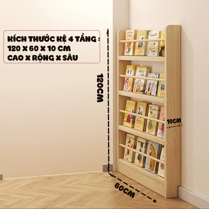 Kệ Sách Treo Tường Không Cần Khoan Sau Cửa 4 Ngăn Bằng Gỗ Phù Hợp Phòng Có Diện Tích Hẹp