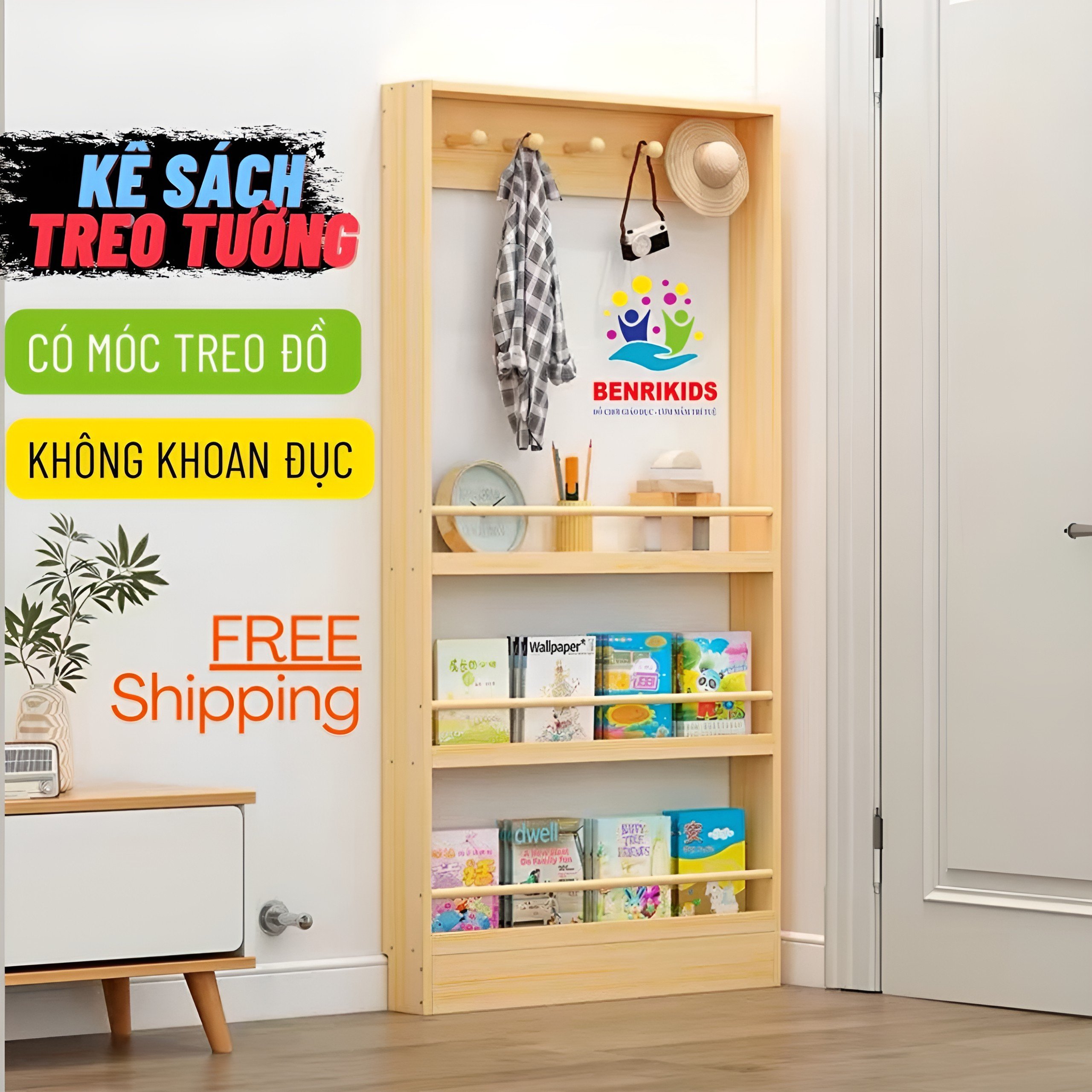 Kệ Sách Treo Tường Có Móc Treo Đồ Không Cần Khoan Đục Tường Tiện Lợi Dễ Lắp Đặt , Giá Đựng Sách Đựng Đồ Nhiều Tầng Cho Bé