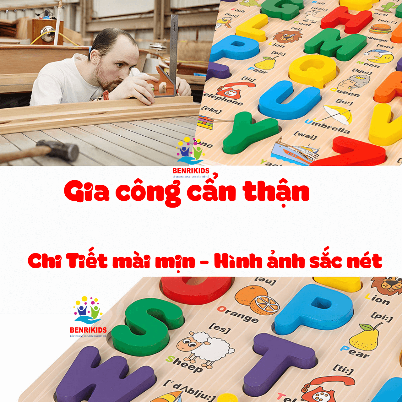 Bộ 3 Bảng Chữ Cái In Thường In Hoa Và Số Học Nổi Song Ngữ Bằng Gỗ