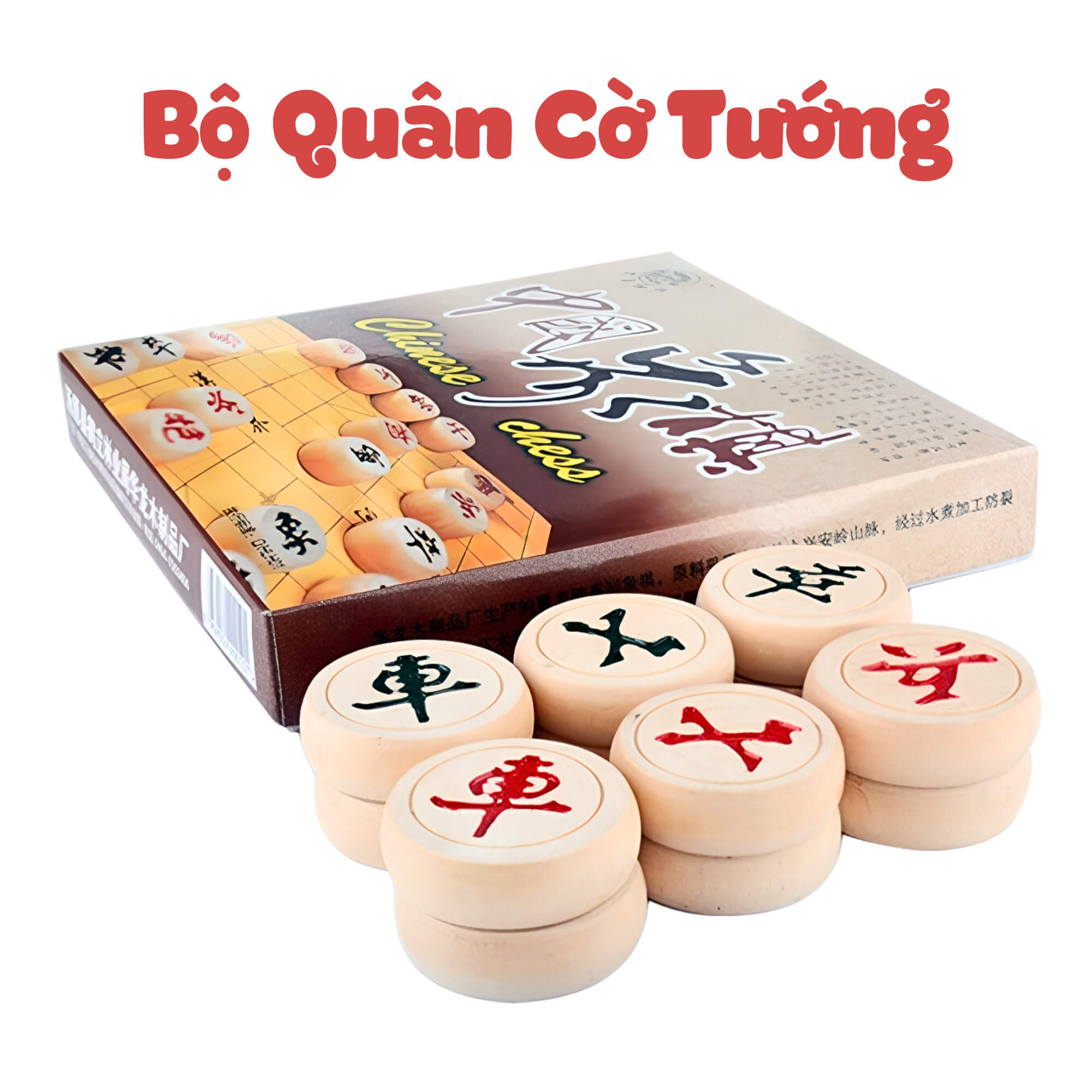 Bộ Quân Cờ Tướng Gỗ Size 32mm Kèm Bàn Cờ Tướng Bằng Giấy Nilong