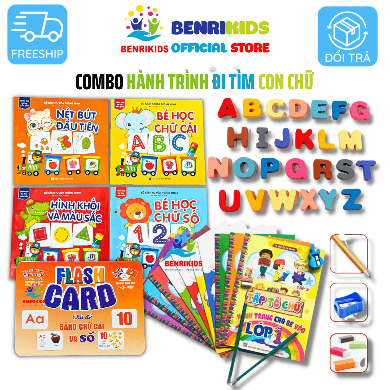 Đồ Chơi Gỗ Benrikids - Combo Hành Trình Đi Tìm Con Chữ Cho Bé 3-6 Tuổi Nhận Biết Chữ Qua Sách Và Chữ Gỗ