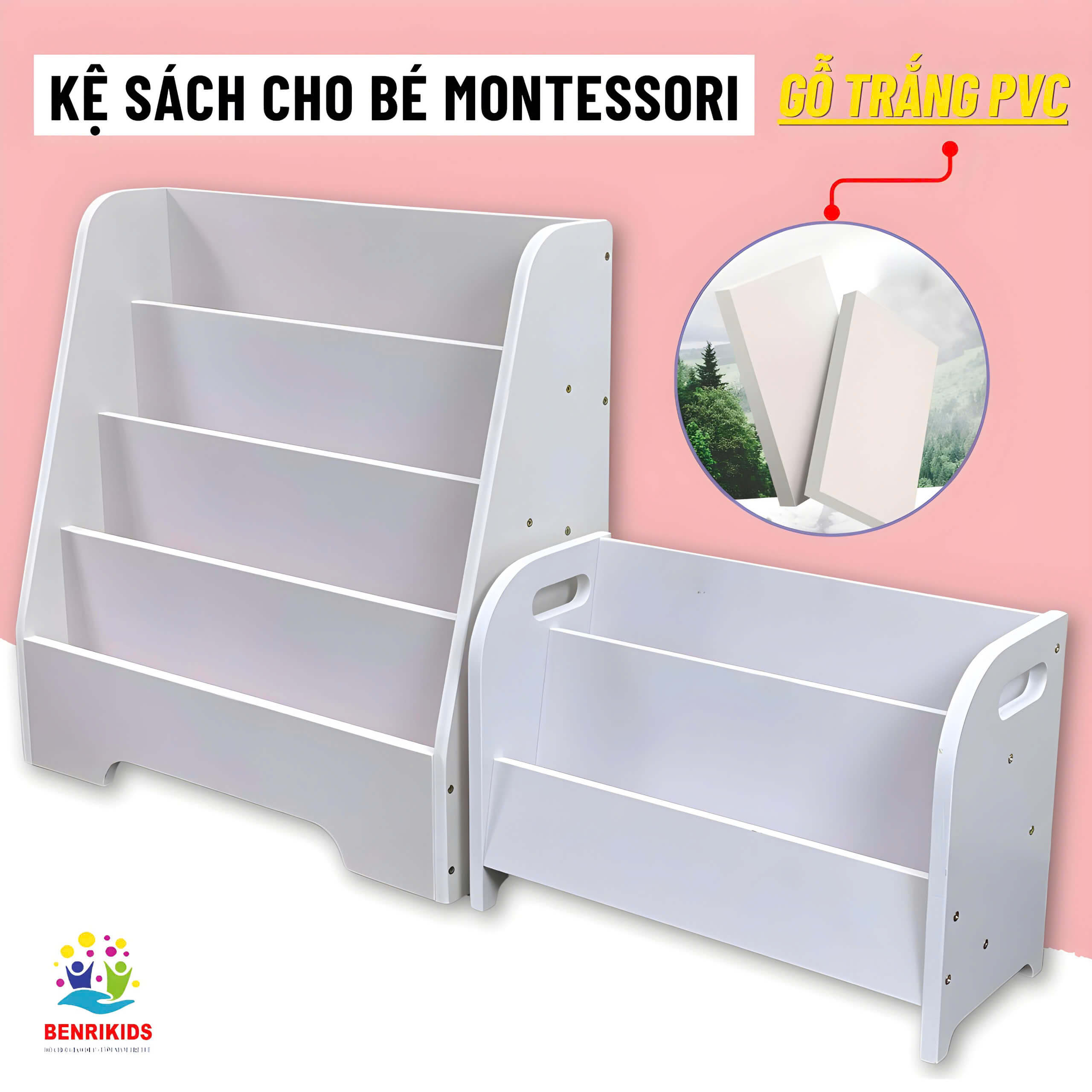 Kệ Tủ Sách Bằng Gỗ Cho Bé 4 Ngăn Màu Trắng Gỗ Nhựa Kệ Mầm Non Trang Trí Lớp Học Benrikids