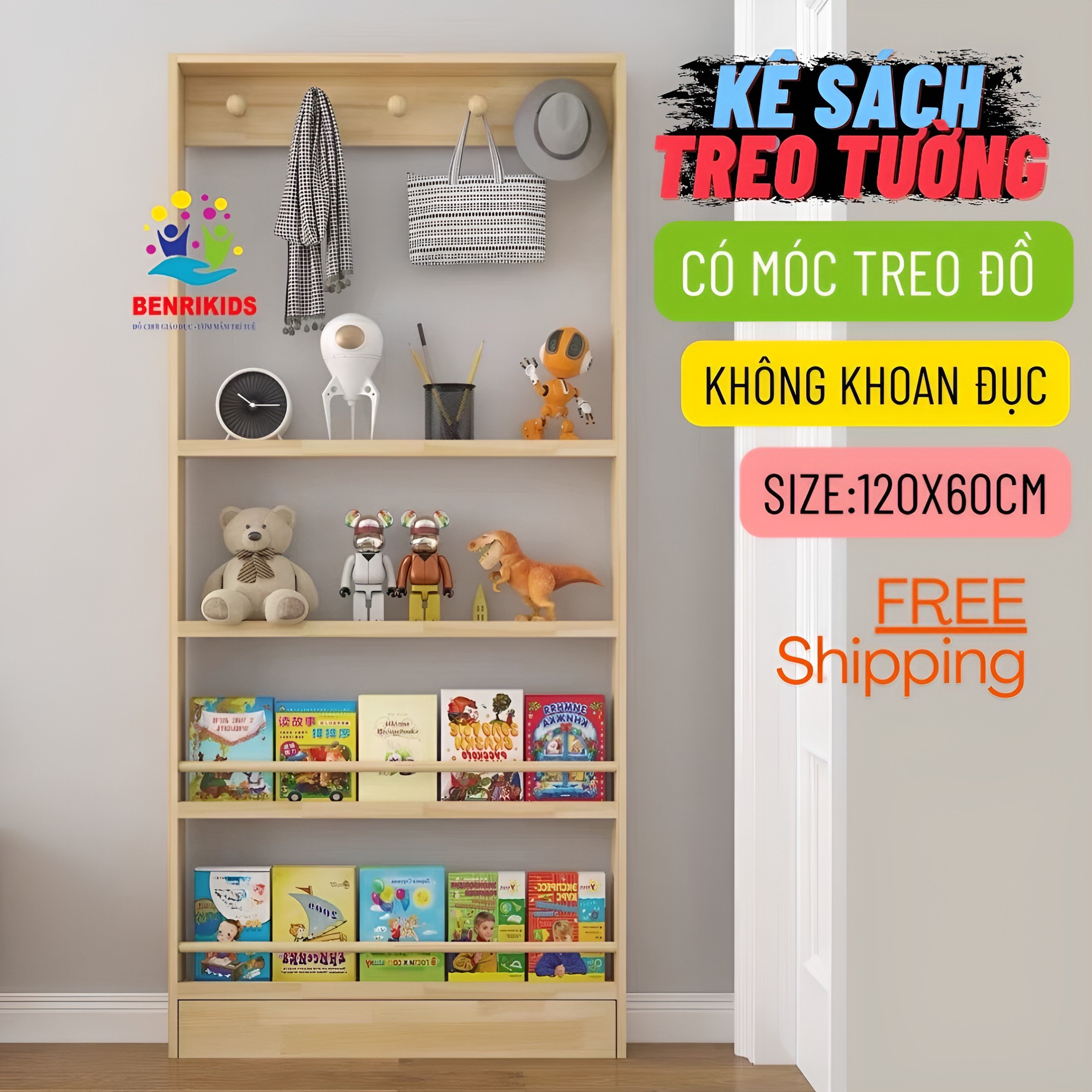 Kệ Sách Treo Tường Có Móc Treo Đồ Không Cần Khoan Đục Tường Tiện Lợi Dễ Lắp Đặt , Giá Đựng Sách Đựng Đồ Nhiều Tầng Cho Bé