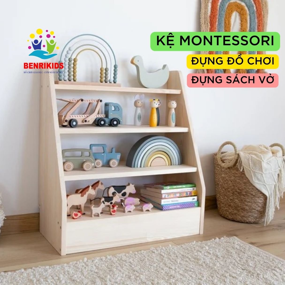 Kệ Sách Montessori Kệ Đựng Đồ Chơi 4 Tầng Bằng Gỗ Thông Để Sàn Decor Phòng Cho Bé