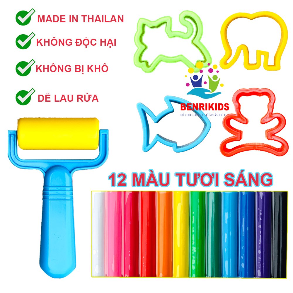 Set 12 Đất Nặn, Đất Set Nhẹ Tự Khô An Toàn Cho Bé Tặng Kèm Khuôn Tạo Hình Và Con Lăn Cán Mỏng Đất Nặn- Đồ Chơi Đất Nặn An Toàn