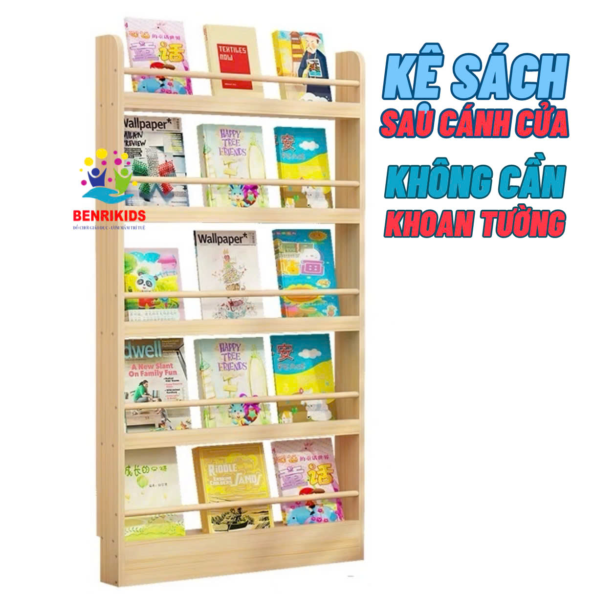 Kệ Sách Treo Tường Sau Cánh Cửa Không Cần Khoan 5 Ngăn Bằng Gỗ , Giá Sách Treo Tường Decor Phòng
