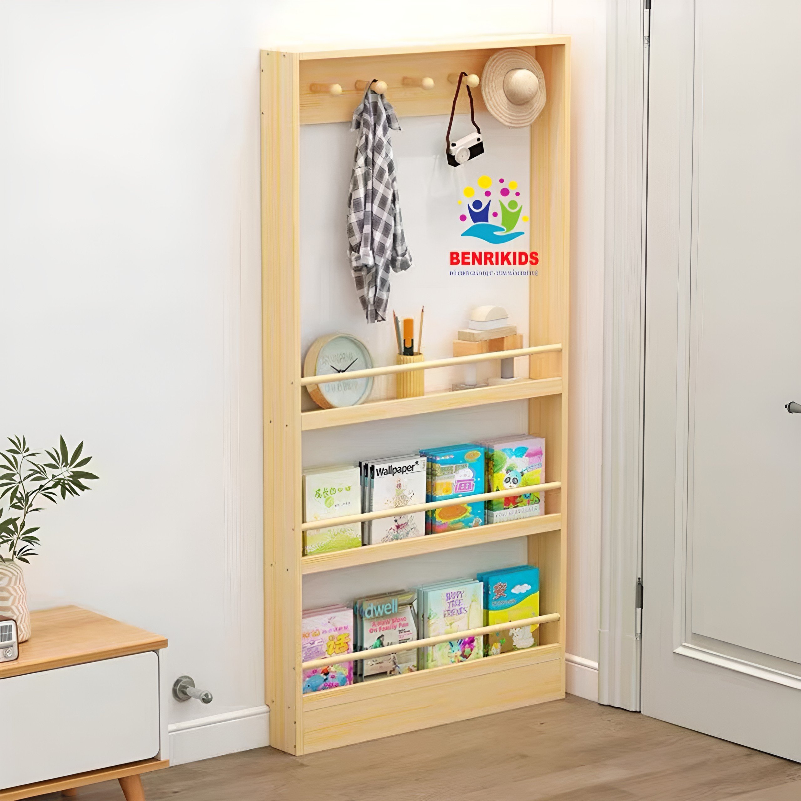 Kệ Sách Treo Tường Có Móc Treo Đồ Không Cần Khoan Đục Tường Tiện Lợi Dễ Lắp Đặt , Giá Đựng Sách Đựng Đồ Nhiều Tầng Cho Bé