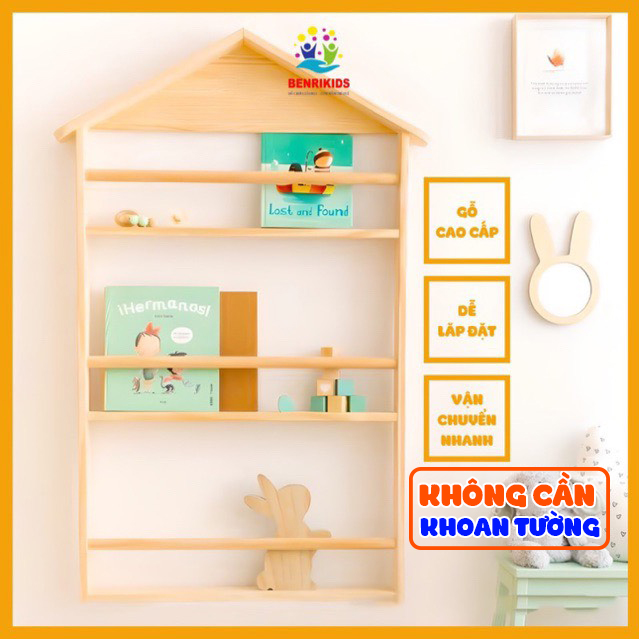 Giá Để Sách Treo Tường Không Cần Khoan Tường Cho Bé Hình Ngôi Nhà Kích Thước Lớn Trang Trí Decor Phòng Cho Bé Yêu