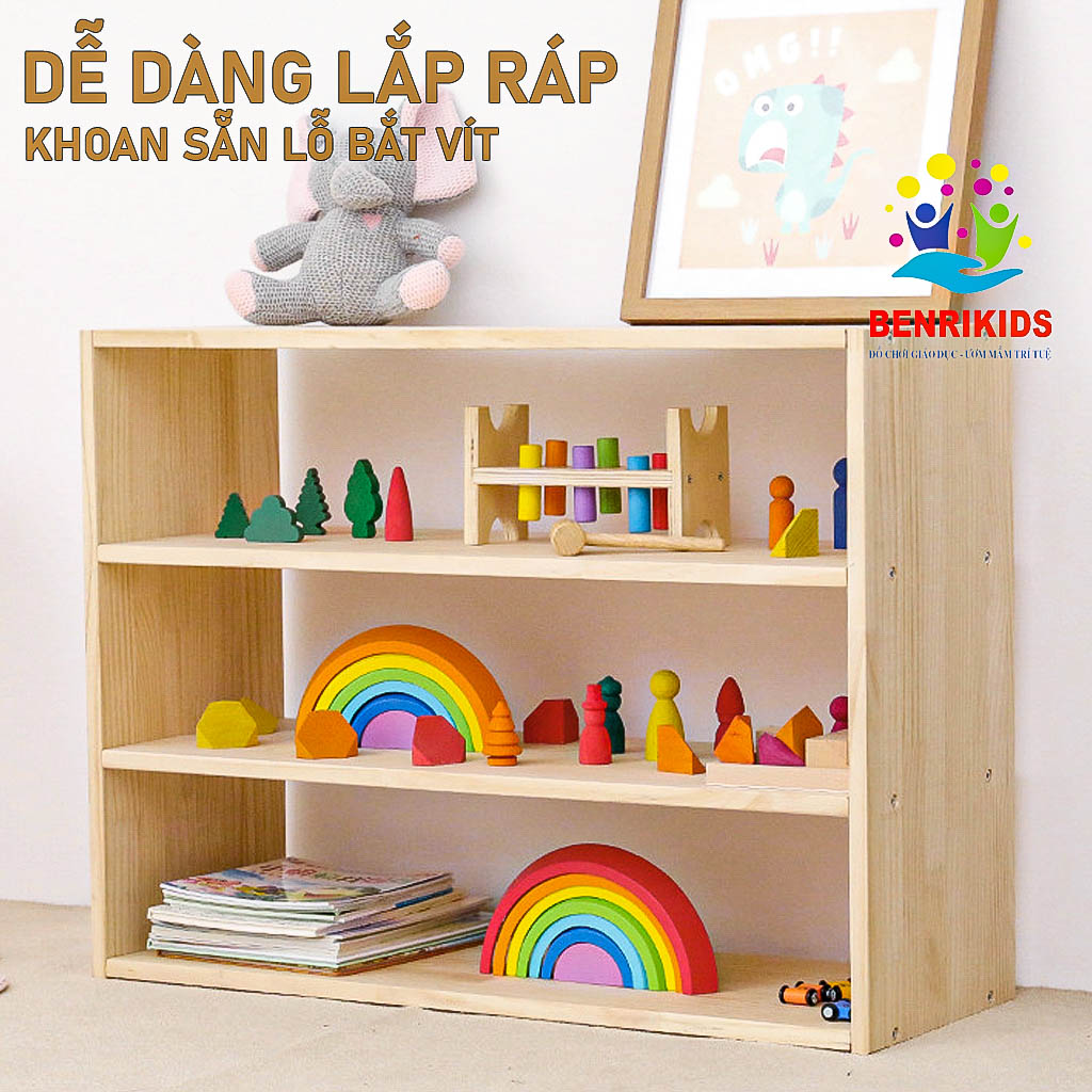 Kệ Sách Đa Năng Cho Bé, Kệ Đồ Chơi Montessori 3 Tầng Bằng Gỗ Tự Nhiên Kệ Để sàn