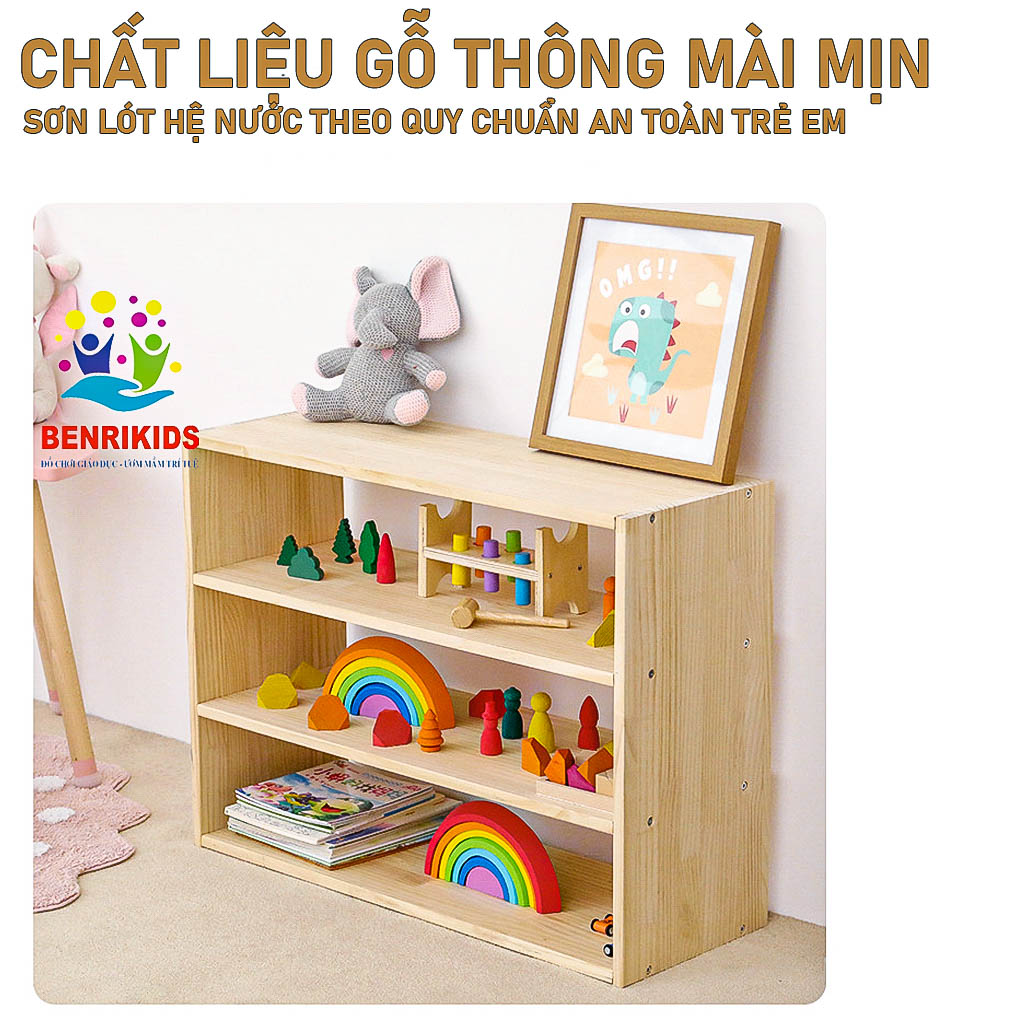 Kệ Sách Đa Năng Cho Bé, Kệ Đồ Chơi Montessori 3 Tầng Bằng Gỗ Tự Nhiên Kệ Để sàn