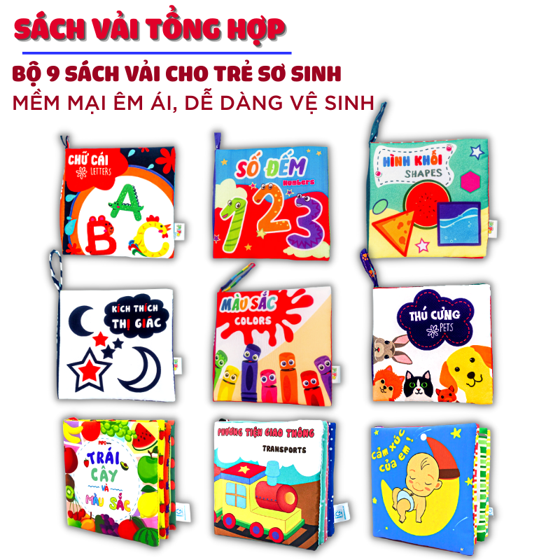 Sách Vải Mini Cho Bé, Sách Vải Song Ngữ Kích Thích Giác Quan 12x12cm Phát Triển Tư Duy Cho Trẻ Nhỏ, Trẻ Sơ Sinh