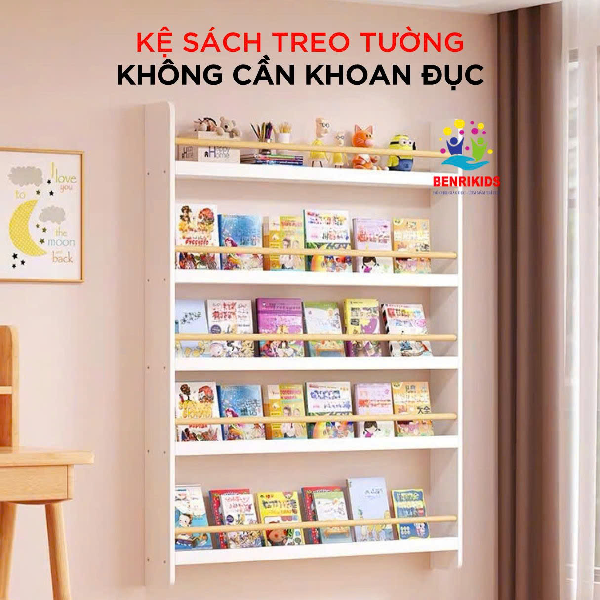 Kệ Sách Treo Tường Cho Bé Không Khoan, Gía Sách Montessori Màu Trắng Nhiều Kích Thước