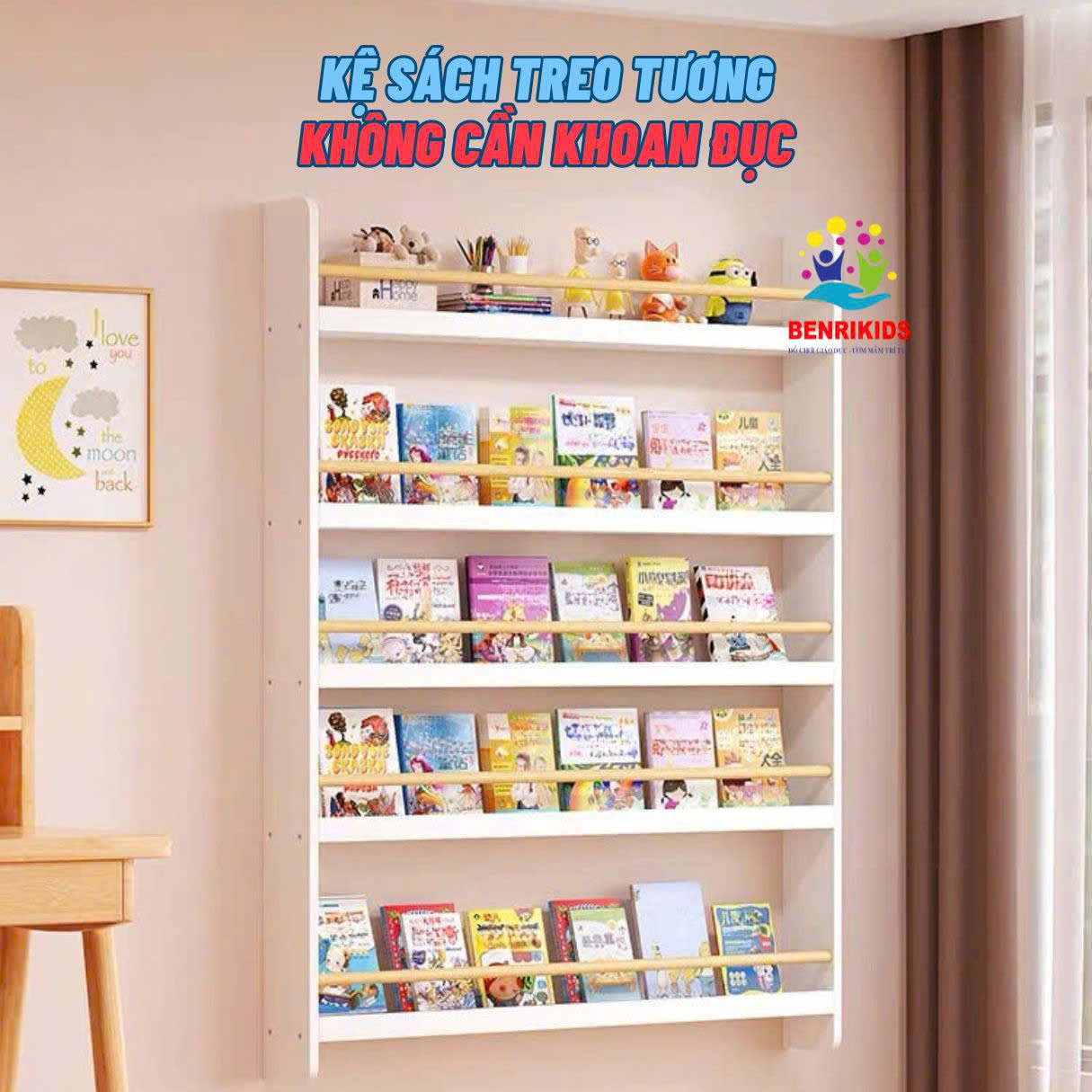 Kệ Sách Treo Tường Cho Bé Không Khoan, Gía Sách Montessori Màu Trắng Nhiều Kích Thước