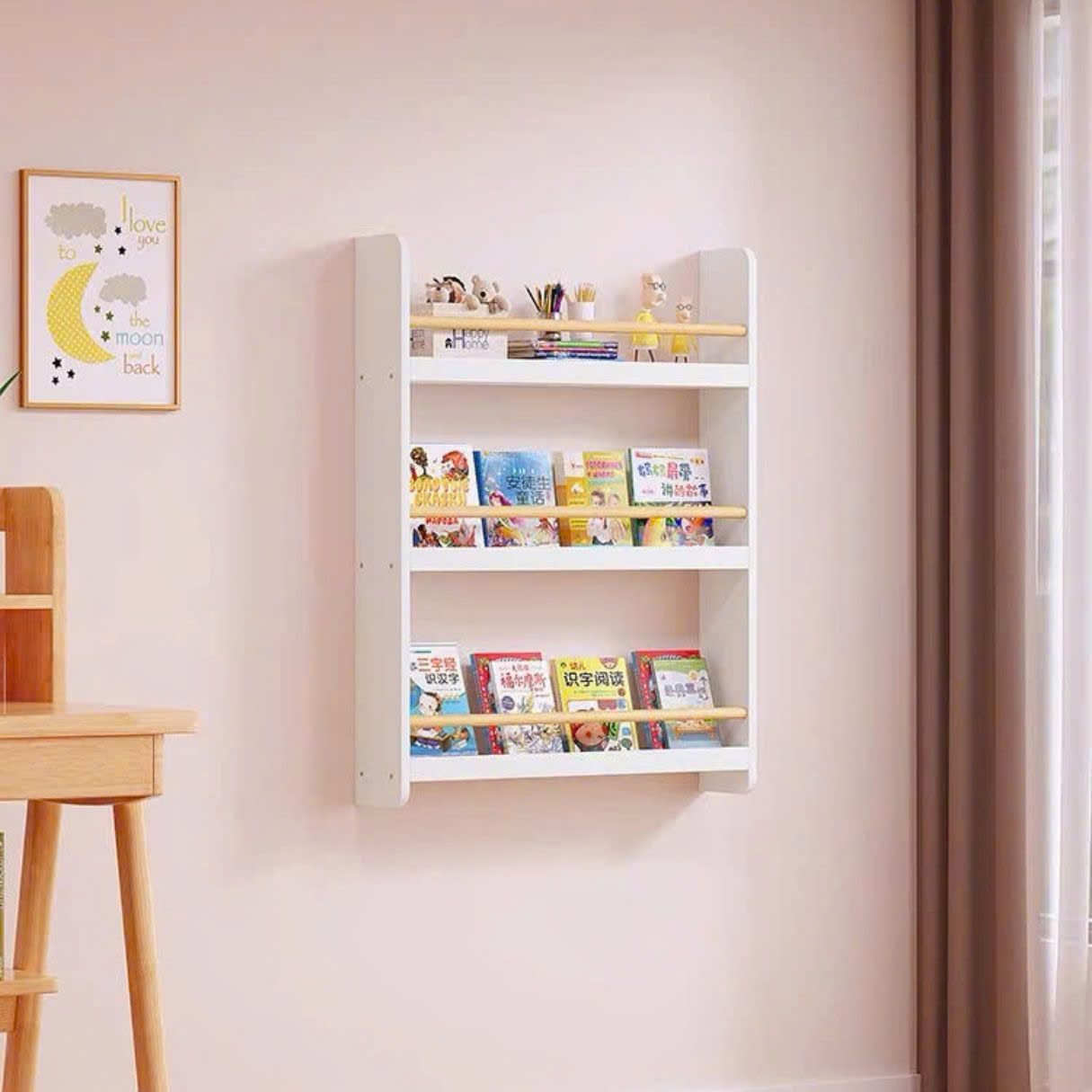 Kệ Sách Treo Tường Cho Bé Không Khoan, Gía Sách Montessori Màu Trắng Nhiều Kích Thước