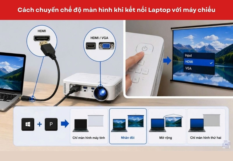 Cách chuyển chế độ màn hình khi kết nối laptop với máy chiếu