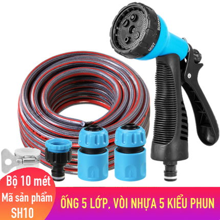 Bộ vòi tưới cây, rửa xe LionKing 10 mét SH10 - ống 5 lớp, vòi xịt bằng nhựa 5 kiểu phun