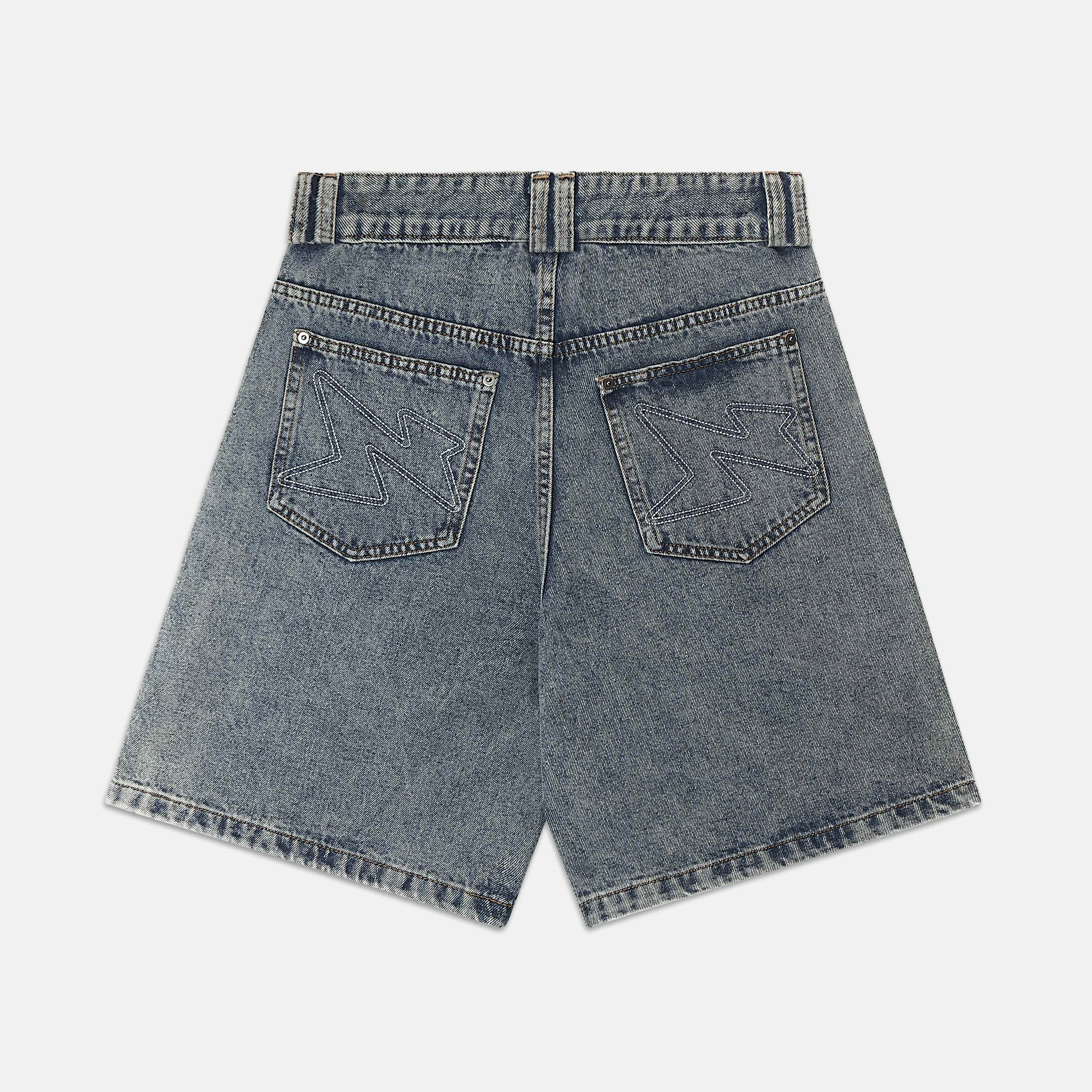 WIDE FIT DENIM SHORTS - WASHED GREY BLUE