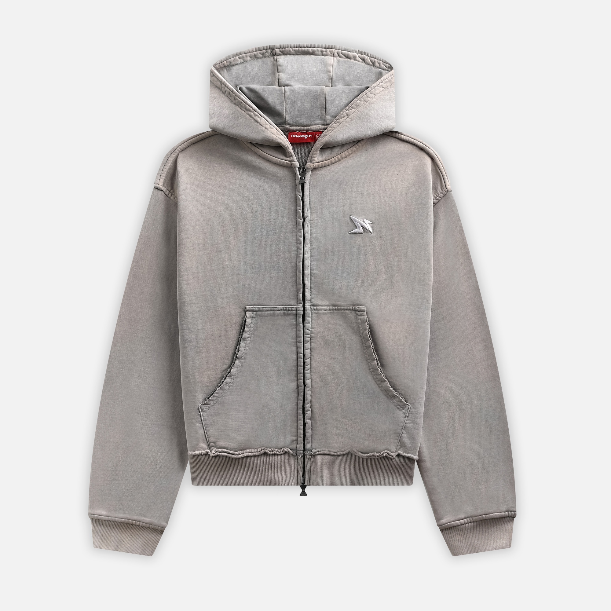 2WAY ZIP WASHED HOODIE - GREY