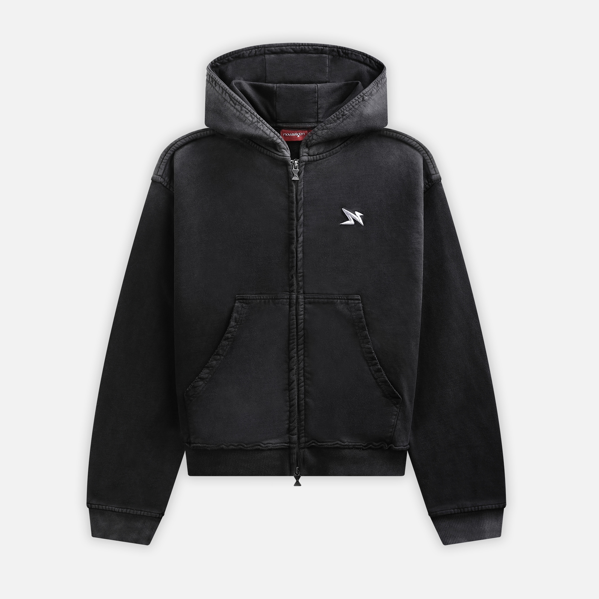 2WAY ZIP WASHED HOODIE - BLACK