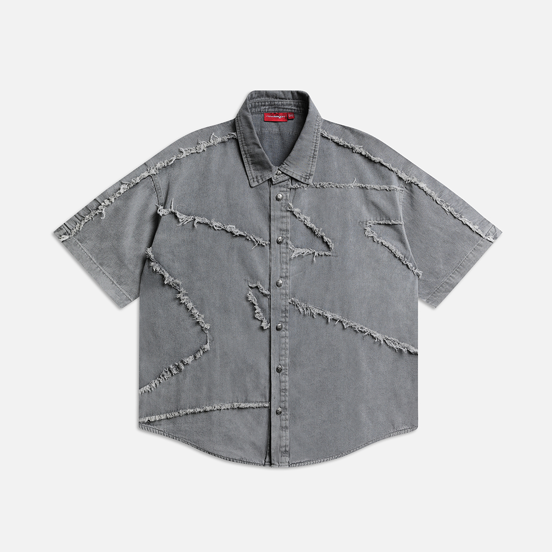 S/S PATCH DENIM SHIRTS - GREY