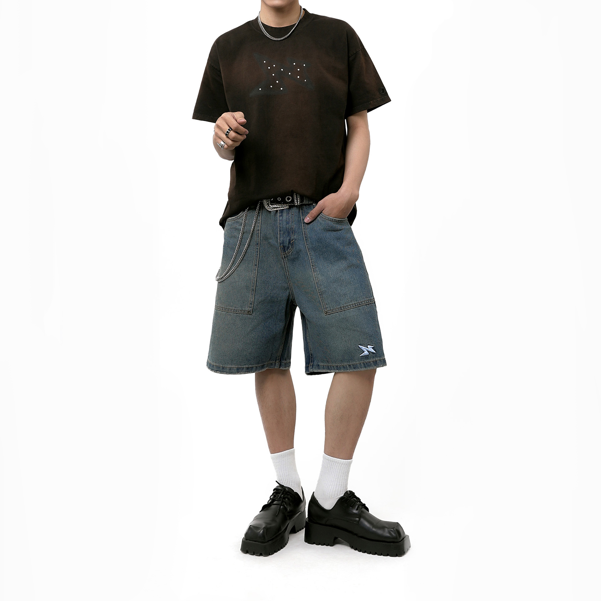 WIDE FIT DENIM SHORTS - WASHED BLUE