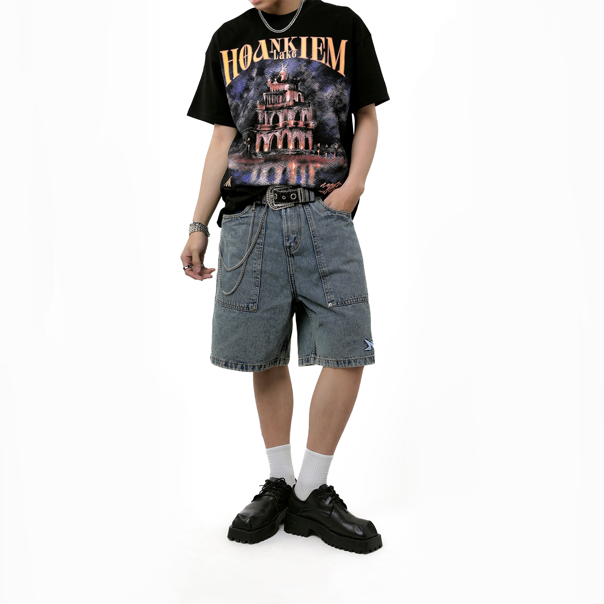 WIDE FIT DENIM SHORTS - WASHED GREY BLUE