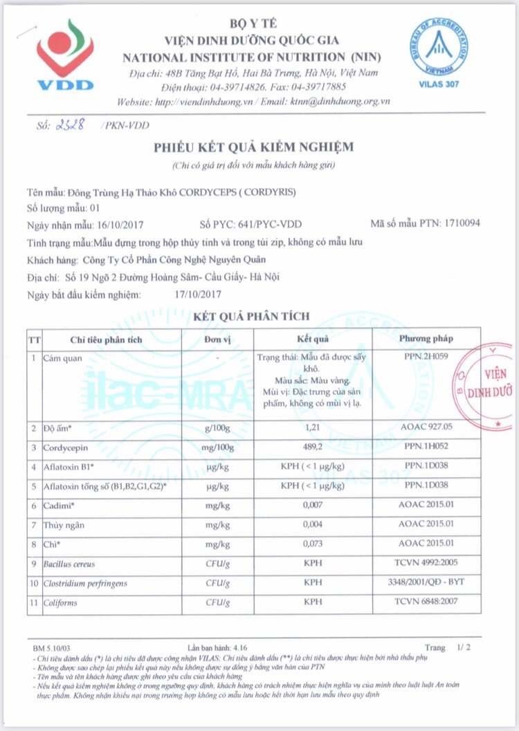 PHIẾU KẾT QUẢ KIỂM NGHIỆM ĐÔNG TRÙNG HẠ THẢO KHÔ