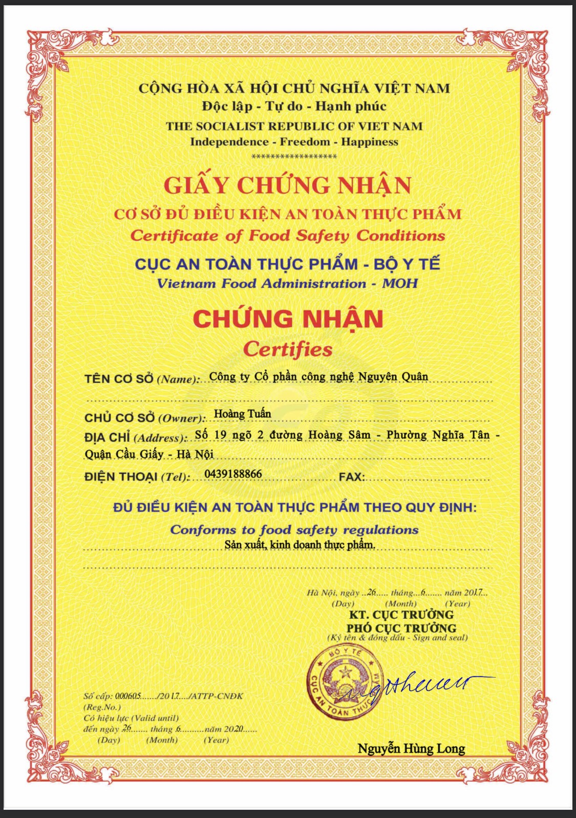 GIẤY CHỨNG NHẬN ĐỦ ĐIỀU KIỆN AN TOÀN THỰC PHẨM