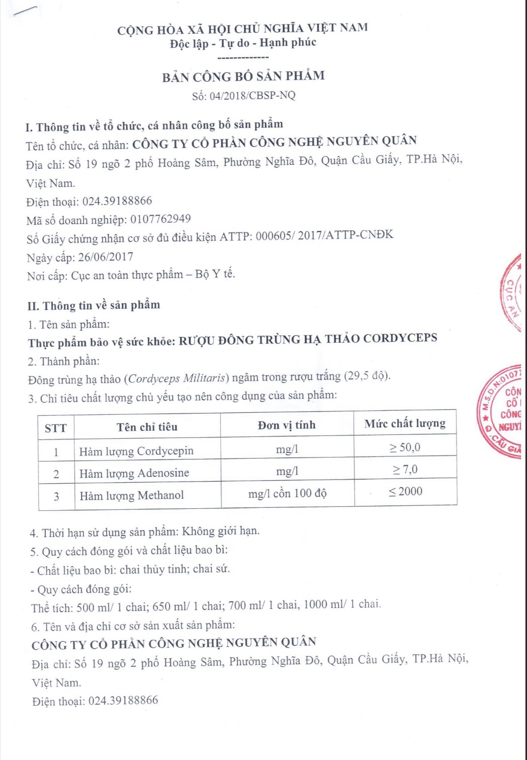 CÔNG BỐ SẢN PHẨM