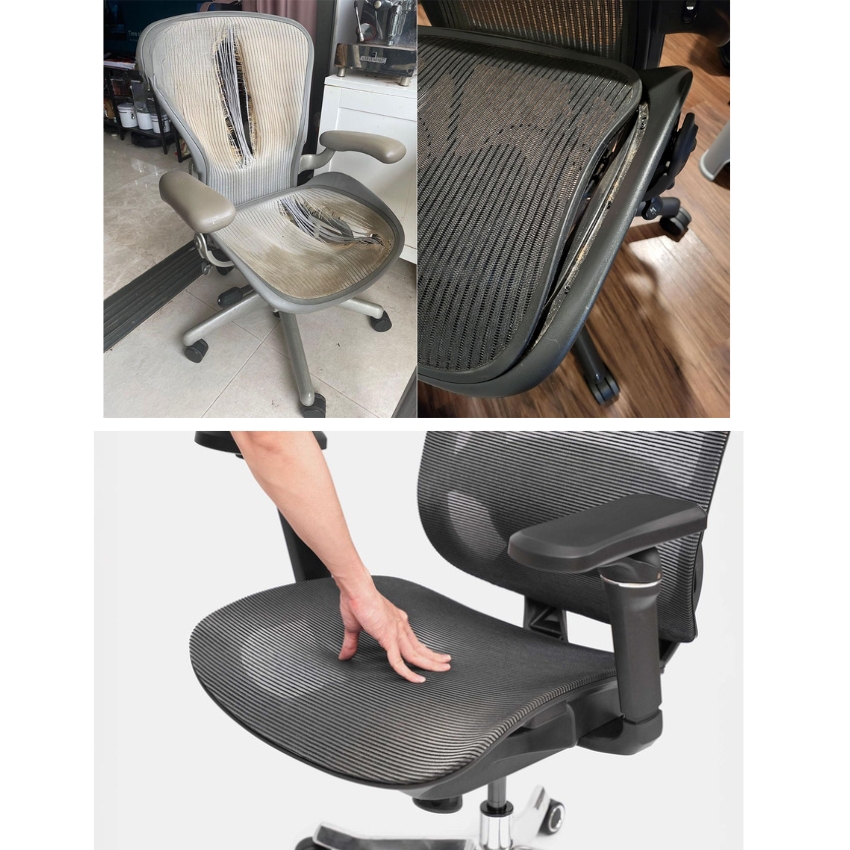 Phục hồi và thay mới lưới đệm ngồi tựa lưng ghế công thái học chính hãng