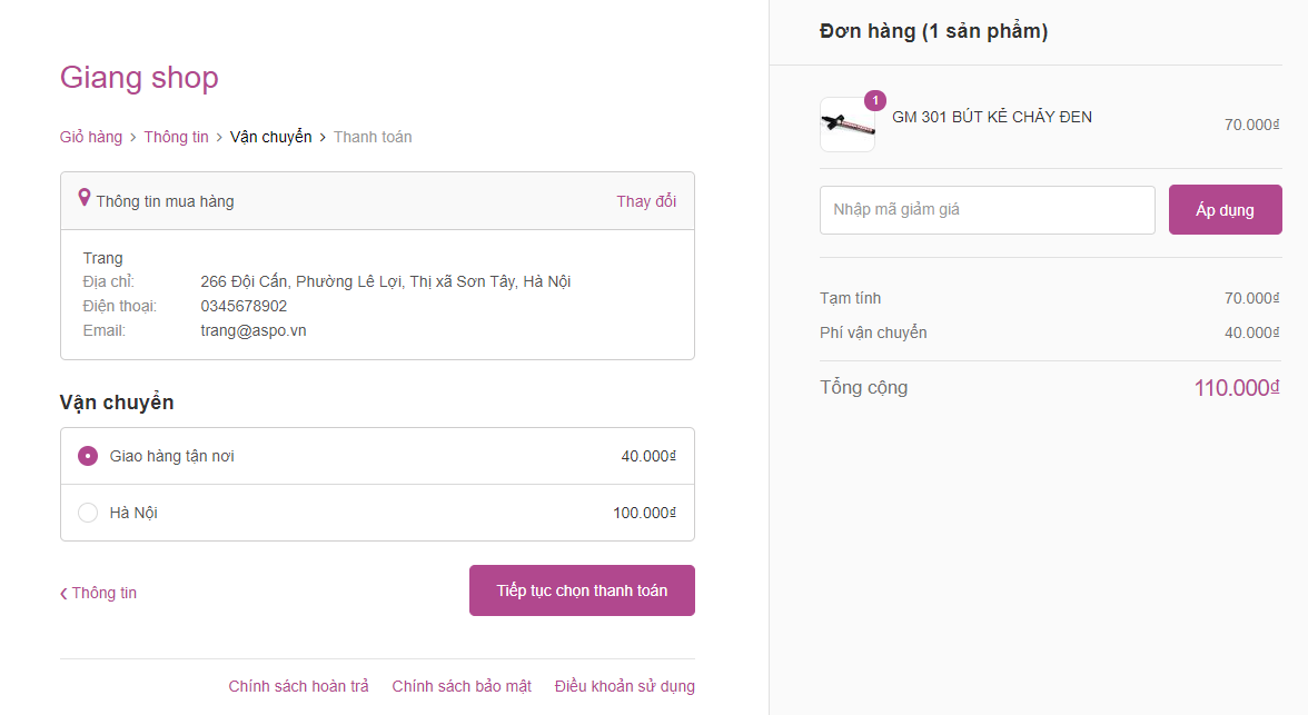 Cấu hình trang thanh toán