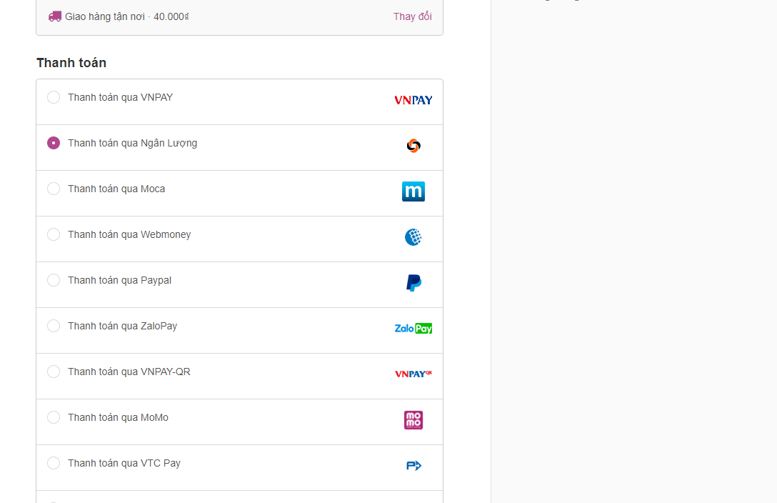 Cấu hình trang thanh toán