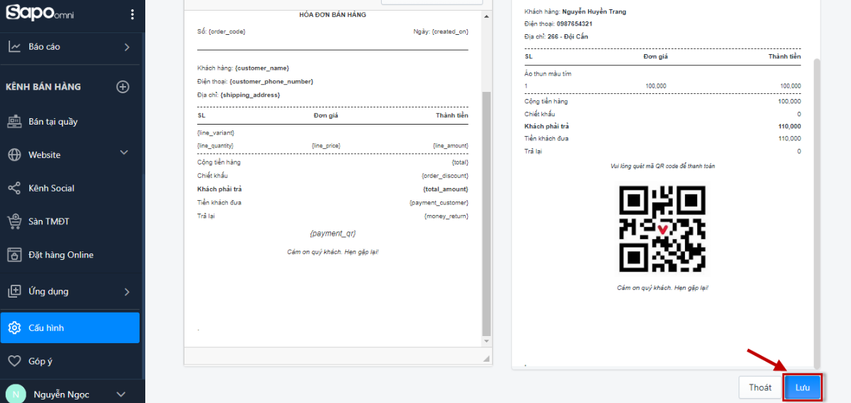 Hướng dẫn thiết lập mẫu in hóa đơn kèm QR thanh toán