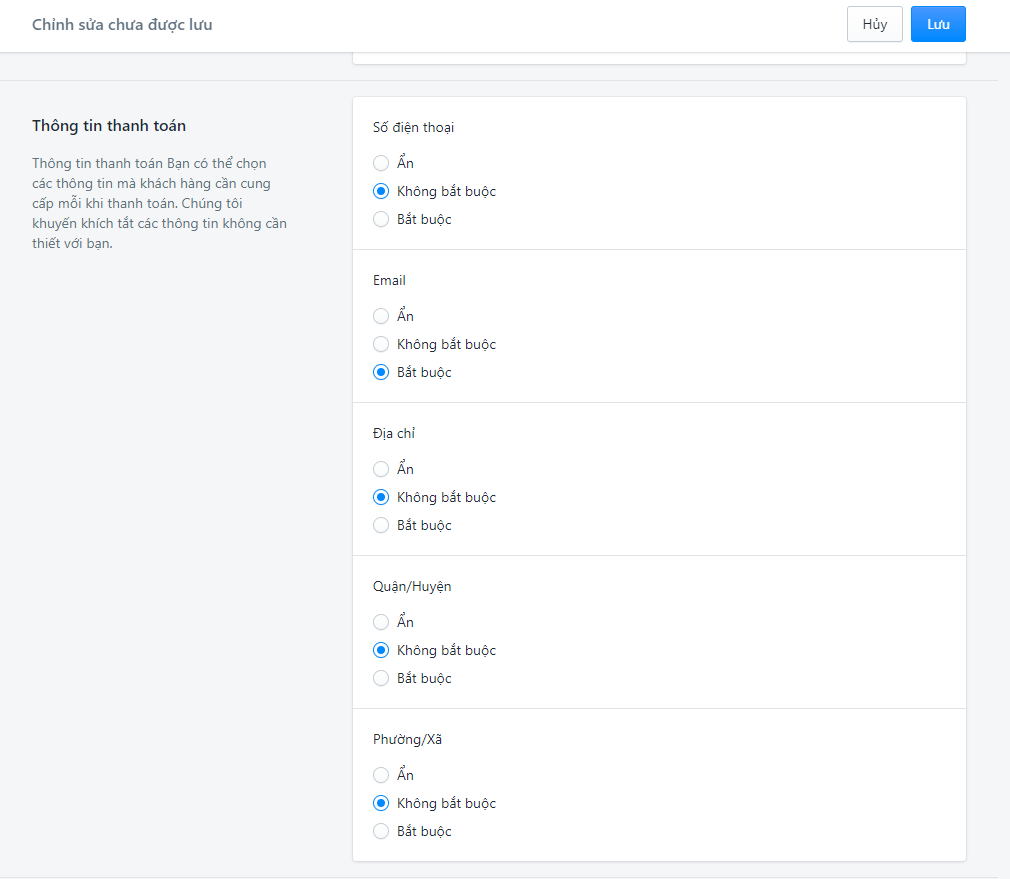 Cấu hình trang thanh toán