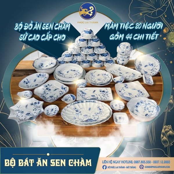 BỘ ĐỒ ĂN SEN CHÀM  SỨ CAO CẤP MÂM TIỆC 20 NGƯỜI