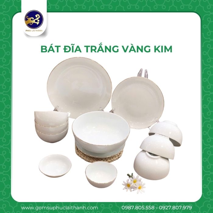 Bát đĩa Trắng Vàng Kim