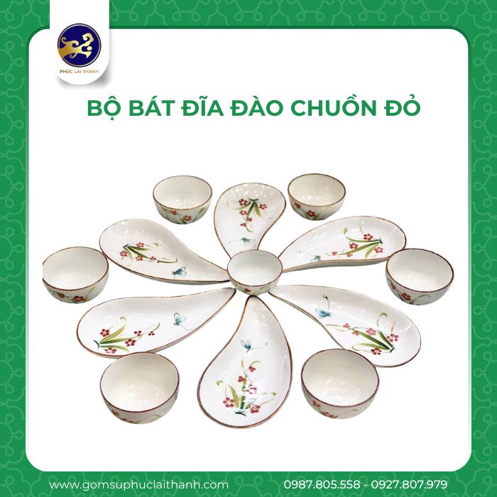 BỘ BÁT ĐĨA ĐÀO CHUỒN ĐỎ